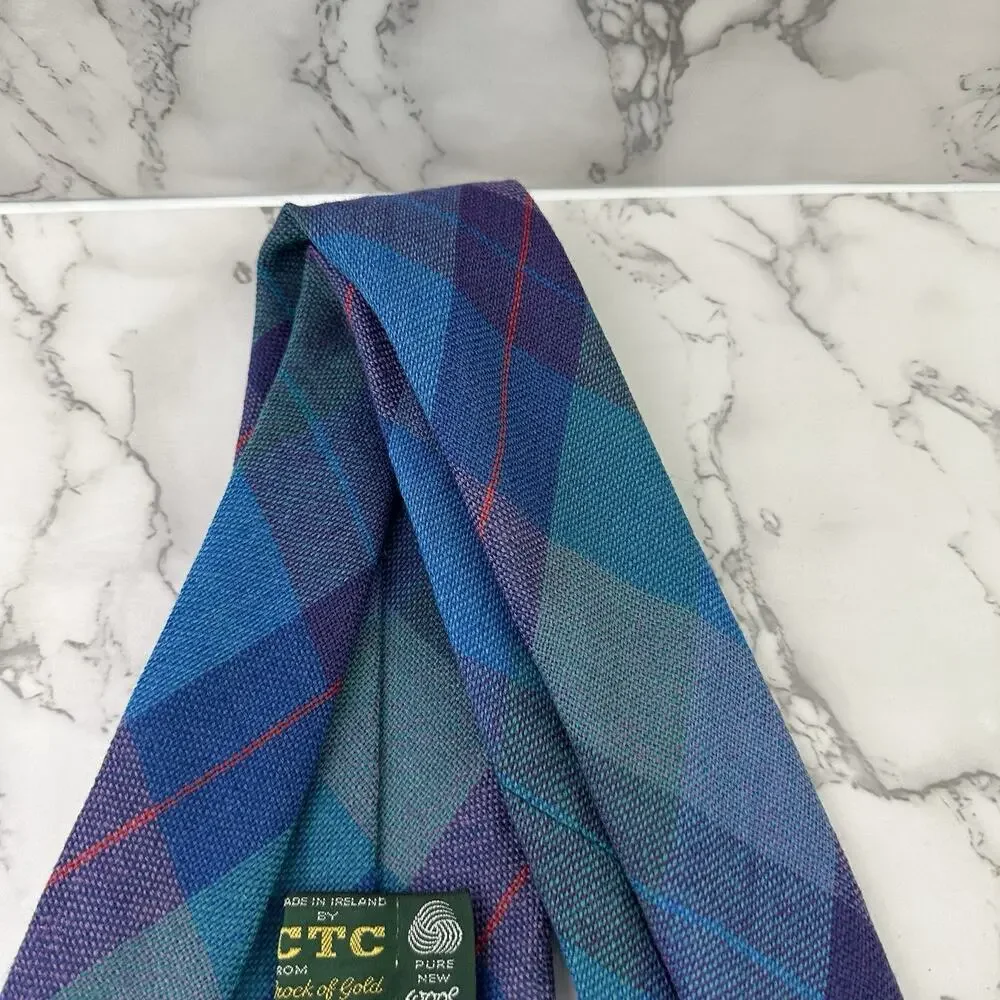 CTC Mens Vintage 80s Wool Neck Tie Made in Ireland Blue Purple Plaid Tweed